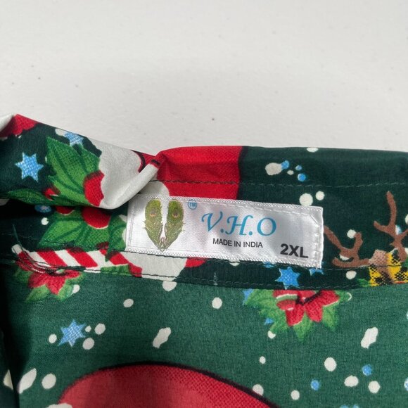 Christmas Shirt Mens 2XL Green Red Santa Claus Reindeer Snowman Button Front - Picture 11 of 14